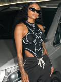 Women Spring Sexy Sleeveless Round Neck Printed Contrast Bodysuit