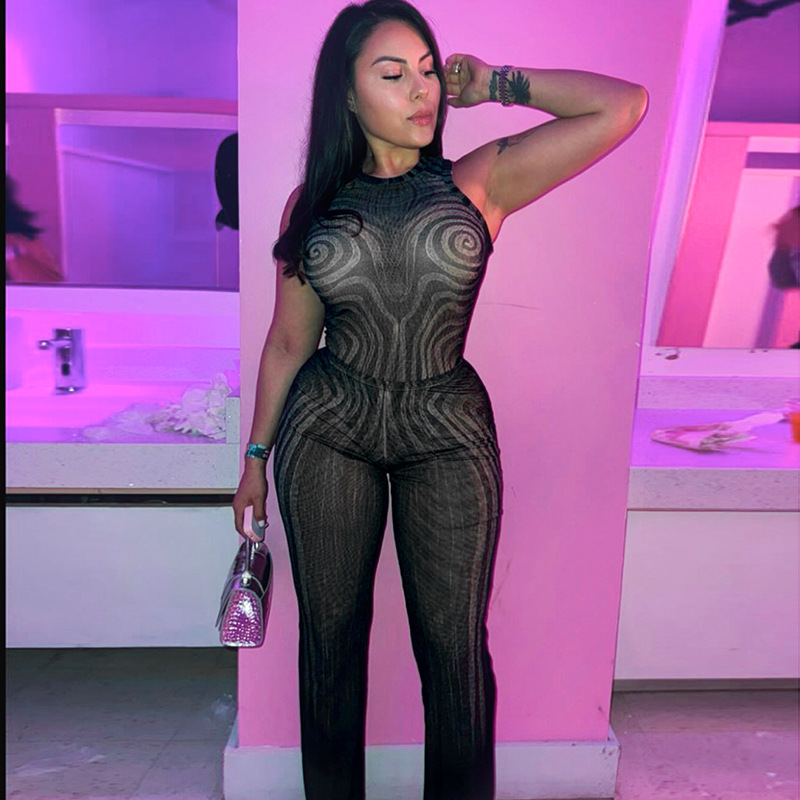 Women's Slim Geometric Pattern Print Round Neck Sleeveless Bodysuit Wide-Leg Pants Two Piece Set