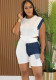 Women Casual Denim Patchwork Short-sleeved Top and Shorts Two-piece Set