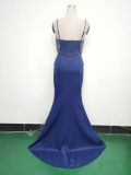 Women lace mesh herringbone Lace-Up beaded Formal Party evening dress