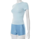 Women summer sexy Solid Round Neck short-sleeved T-shirt Top and shorts two-piece set
