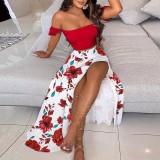 Women Summer French Bohemian Print Strapless Top and Skirt Two-Piece Set