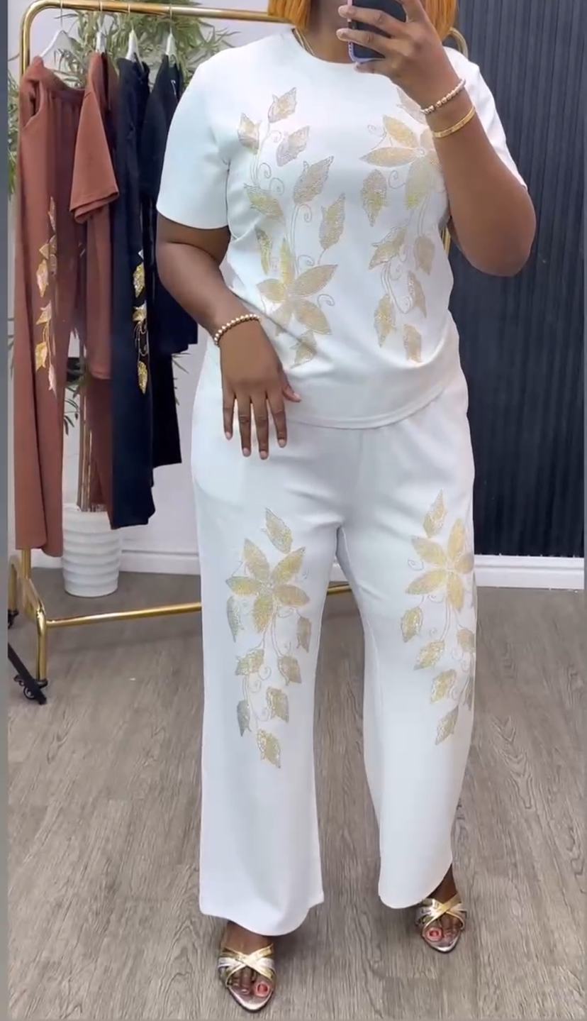 Women Beaded Short Sleeve Top and Pants Two-Piece Set
