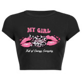 Women Summer Printed Short Sleeve Letter Round Neck Top