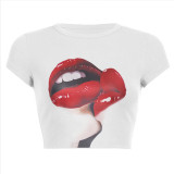 Women Summer Printed Short Sleeve Letter Round Neck Top