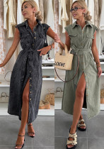 Women Casual Single-Breasted Sleeveless Denim Dress