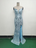 Women beaded sequin fishbone Lace-Up See-Through evening dress