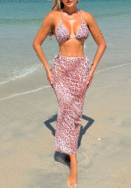 Women Leopard Mesh Skirt Sexy Swimwear  Three-Piece