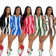 Women Summer Casual Striped Turndown Collar Top and Shorts Two-Piece Set