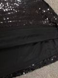 Women stand collar block sequined sexy backless evening dress