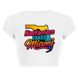 Women Summer Printed Short Sleeve Letter Round Neck Top