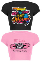 Women Summer Printed Short Sleeve Letter Round Neck Top