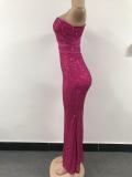 Women see-through mesh sequined sexy backless slash shoulder evening dress