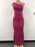 Women see-through mesh sequined sexy backless slash shoulder evening dress