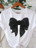 Women Round Neck Short Sleeve Sequin Bow Trend Summer T-shirt