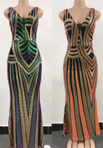 Women contrast sequined backless v-neck sexy dress