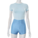 Women summer sexy Solid Round Neck short-sleeved T-shirt Top and shorts two-piece set