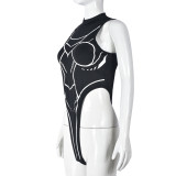 Women Spring Sexy Sleeveless Round Neck Printed Contrast Bodysuit