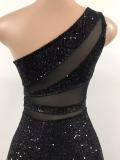 Women see-through mesh sequined sexy backless slash shoulder evening dress