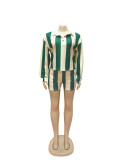 Women Summer Casual Striped Turndown Collar Top and Shorts Two-Piece Set