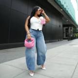 Women Summer Retro Denim Wide-leg Pants