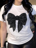 Women Round Neck Short Sleeve Sequin Bow Trend Summer T-shirt
