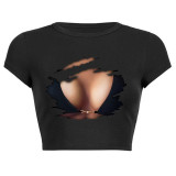 Women Summer Printed Short Sleeve Letter Round Neck Top