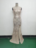 Women beaded sequin fishbone Lace-Up See-Through evening dress