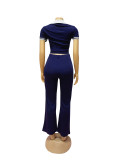 Women Spring and Summer Casual Polo Neck Top and Wide Leg Pants Contrast Color Casual Two Piece Set
