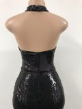 Women stand collar block sequined sexy backless evening dress