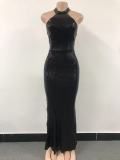 Women stand collar block sequined sexy backless evening dress