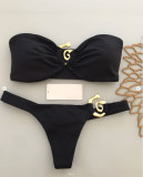 Women Sexy Bikini Solid Metal Two Pieces Swimwear
