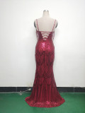 Women beaded sequin fishbone Lace-Up See-Through evening dress