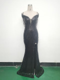 Women beaded sequin fishbone Lace-Up See-Through evening dress
