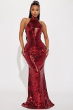 Women stand collar block sequined sexy backless evening dress