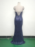 Women beaded sequin fishbone Lace-Up See-Through evening dress