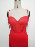 Women lace mesh herringbone Lace-Up beaded Formal Party evening dress