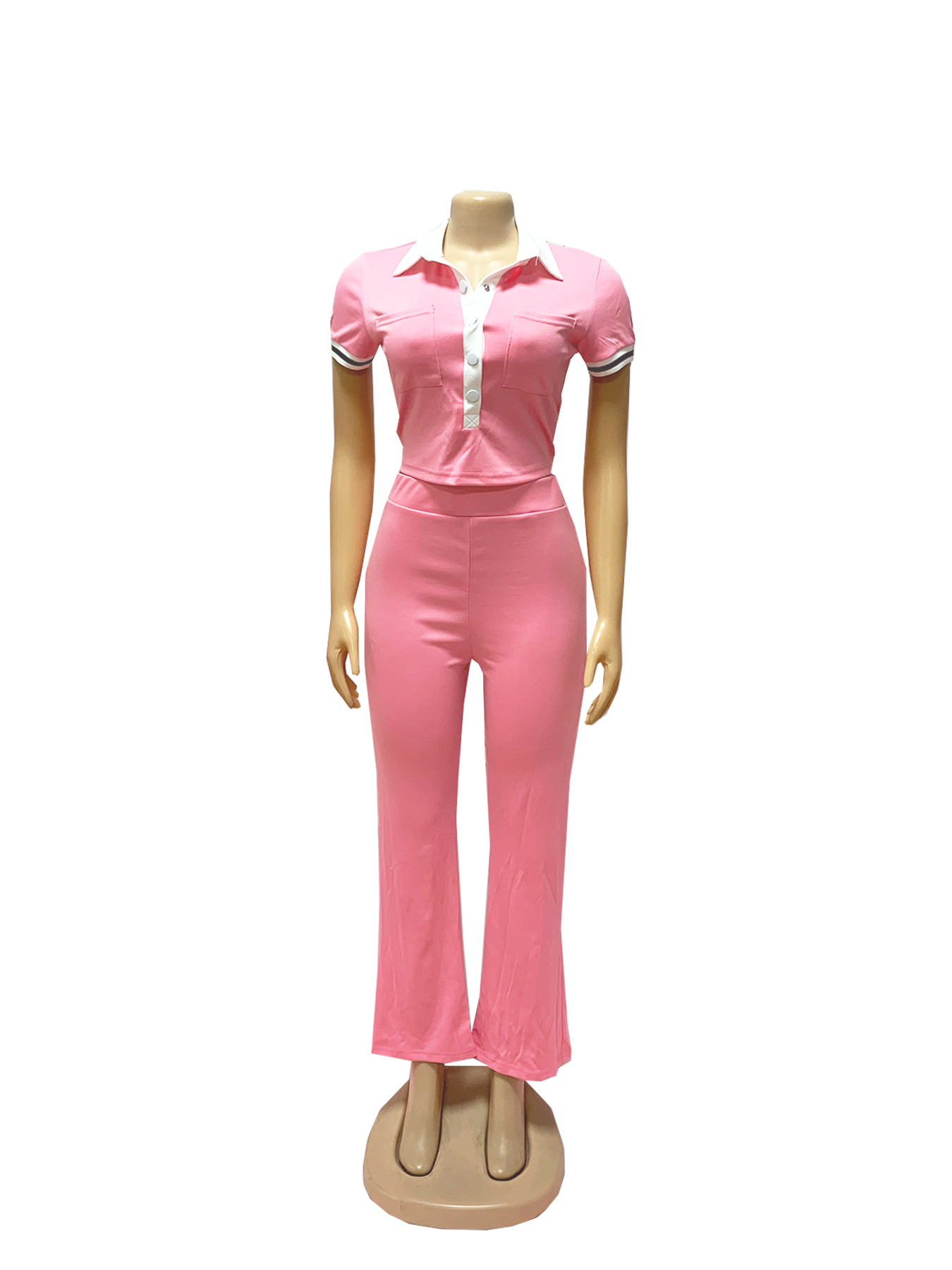 Women Spring and Summer Casual Polo Neck Top and Wide Leg Pants Contrast Color Casual Two Piece Set