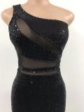 Women see-through mesh sequined sexy backless slash shoulder evening dress