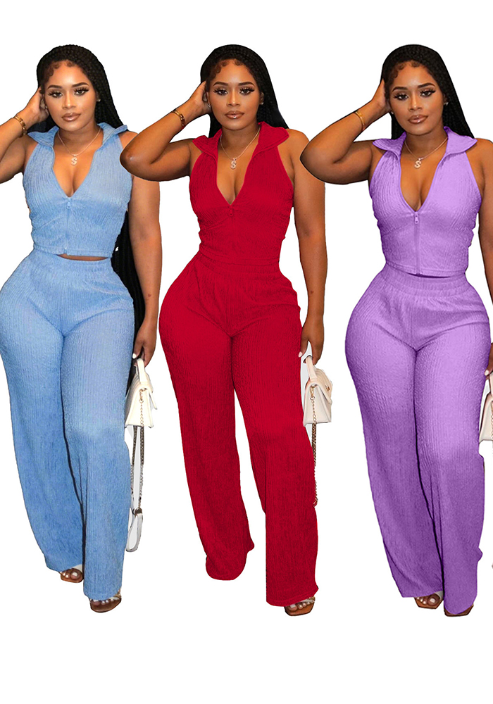 Women Summer Sleeveless Top Pleated Casual Pants Two-piece Set