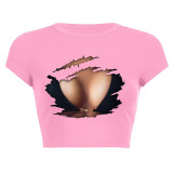 Women Summer Printed Short Sleeve Letter Round Neck Top