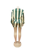 Women Summer Casual Striped Turndown Collar Top and Shorts Two-Piece Set