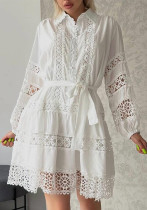 Women's Summer Chic Long Sleeve Hollow Belt Slim Waist Short Dress Women's Summer Chic Long Sleeve Hollow Belt Slim Waist Short Dress