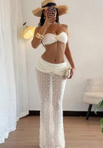 Women summer solid sexy lace-up strapless top and lace maxi skirt two-piece set