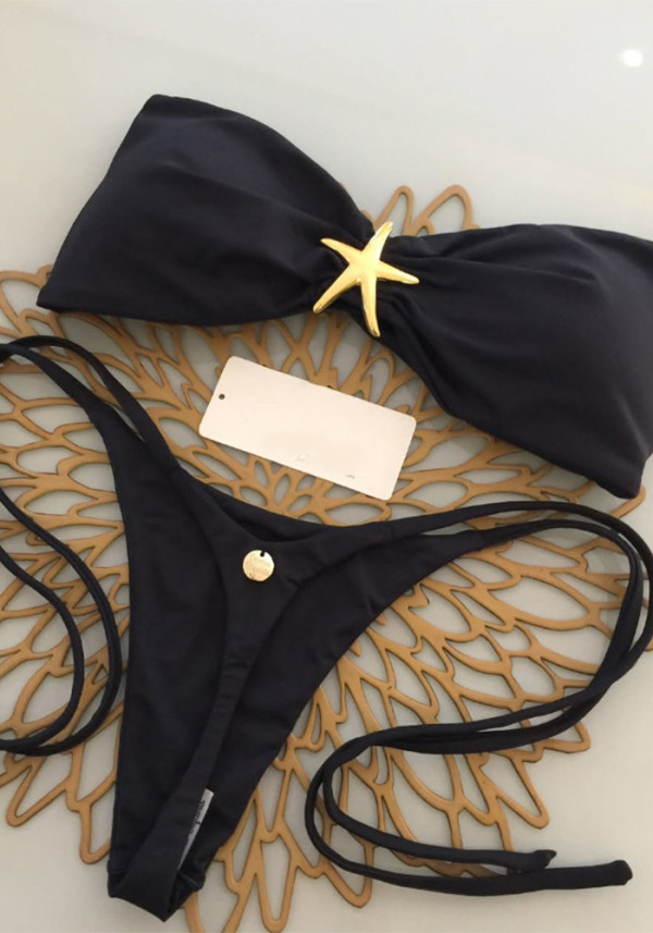 Women Sexy Bikini Solid Metal Two Pieces Swimwear