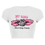 Women Summer Printed Short Sleeve Letter Round Neck Top