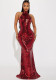Women stand collar block sequined sexy backless evening dress