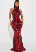 Women stand collar block sequined sexy backless evening dress Women stand collar block sequined sexy backless evening dress