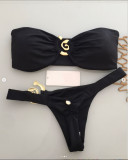 Women Sexy Bikini Solid Metal Two Pieces Swimwear