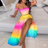 Women Summer French Bohemian Print Strapless Top and Skirt Two-Piece Set
